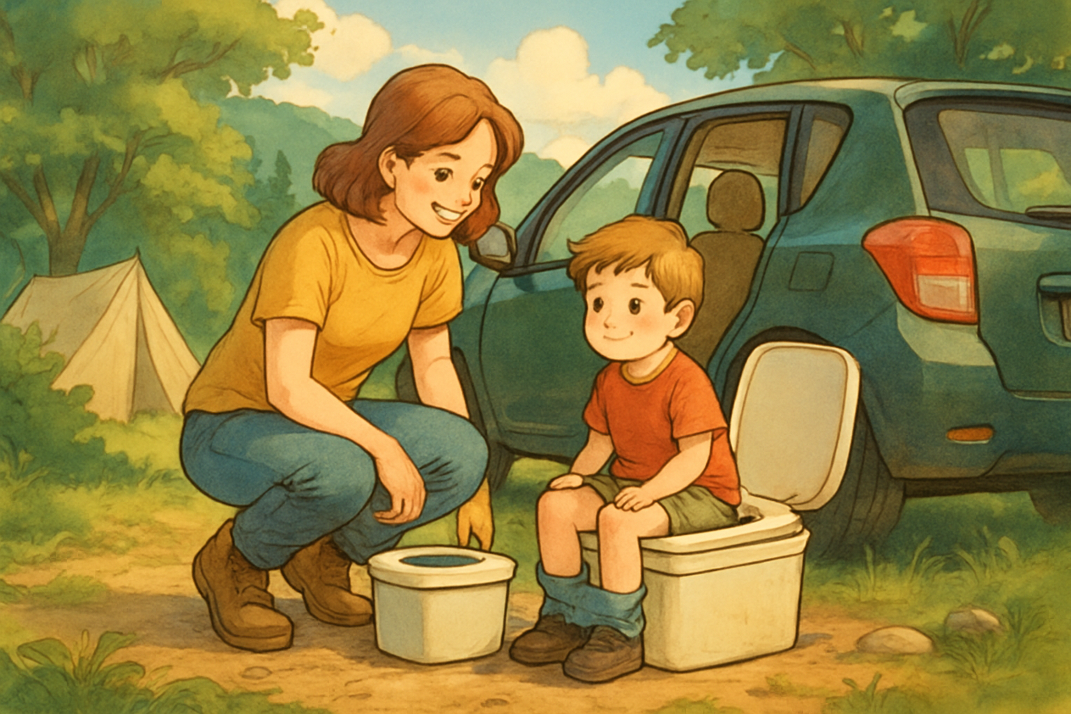 Kompakte Campingtoilette im Kofferraum eines Autos für Notfälle unterwegs