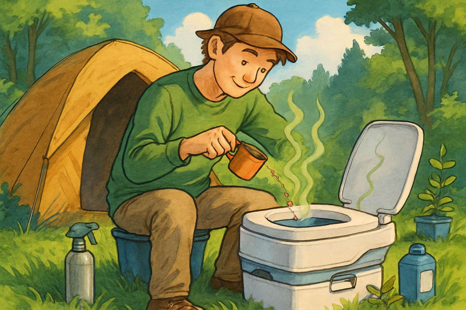 Campingtoilette mit frischen Reinigungsmitteln und Lufterfrischer für optimale Geruchskontrolle