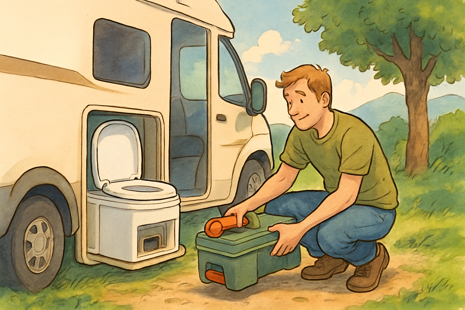 Moderne Kassettentoilette im Wohnmobil fest eingebaut mit herausnehmbarer Kassette
